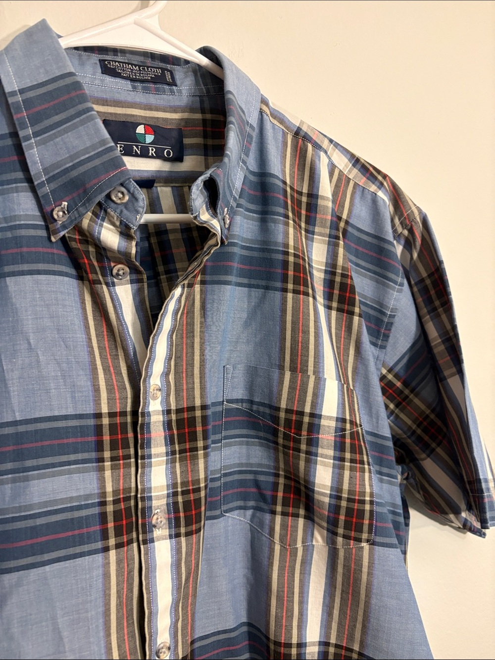ENRO Men's Blue Plaid Short Sleeve Button Down Shirt